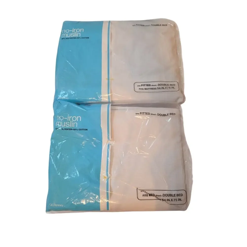 2x Vintage No Iron Muslin Fitted Sheet Double Bed White JCPenney Poly Cotton NEW